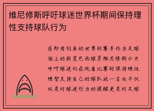 维尼修斯呼吁球迷世界杯期间保持理性支持球队行为 维尼修斯呼吁球迷世界杯期间保持理性支持球队行为