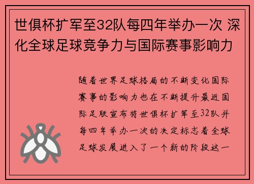 世俱杯扩军至32队每四年举办一次 深化全球足球竞争力与国际赛事影响力 世俱杯扩军至32队每四年举办一次 深化全球足球竞争力与国际赛事影响力