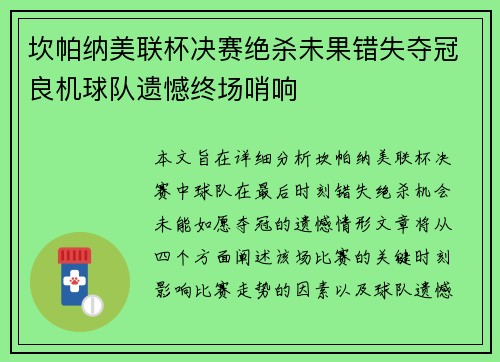 坎帕纳美联杯决赛绝杀未果错失夺冠良机球队遗憾终场哨响